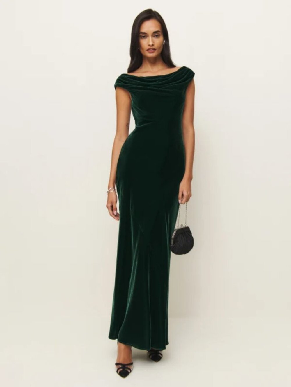 NWOT Reformation Elvie Velvet Dress in Forest Green Off Shoulder Maxi size 6